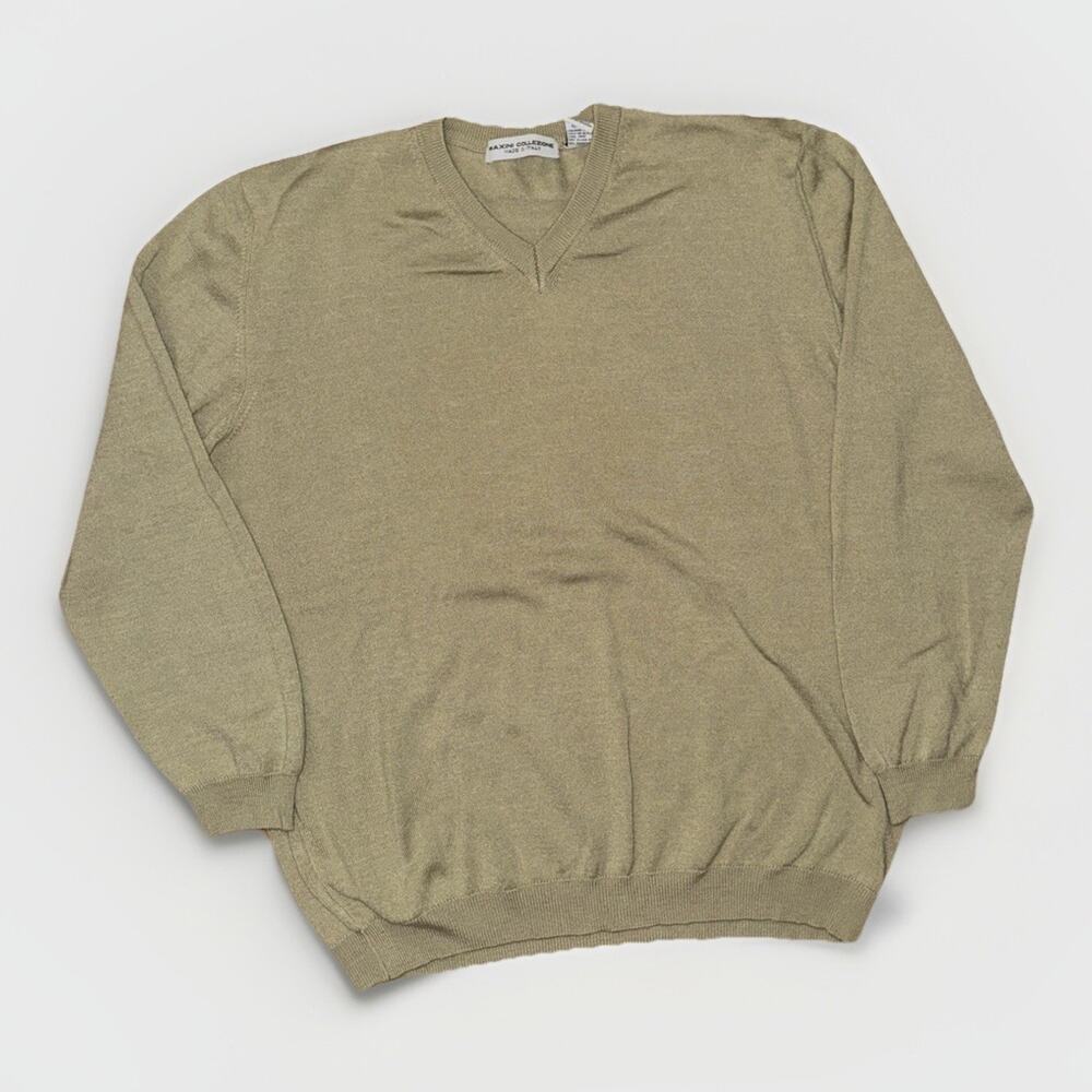 Maxini Collezione Olive Green V-Neck Knit Sweater Men’s Large 22x25 Vintage